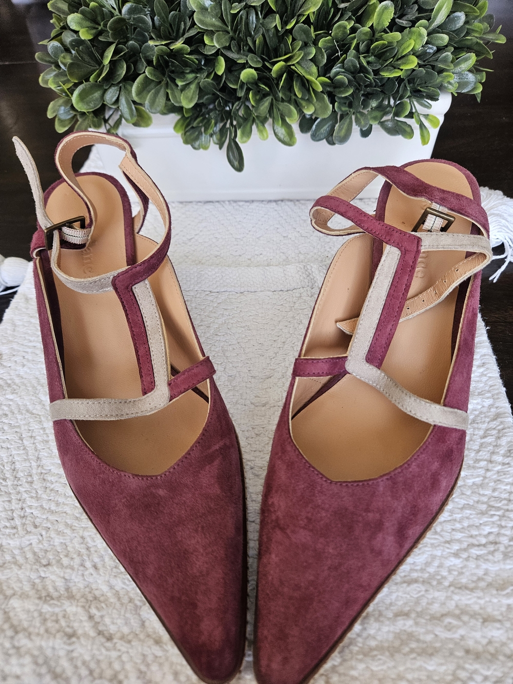 Sundance T-Strap Suede Flats in Burgundy and Beige